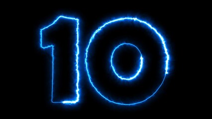 10 number text font with neon light. Luminous and shimmering haze inside the letters of the text 
ten number. 10 number neon sign.