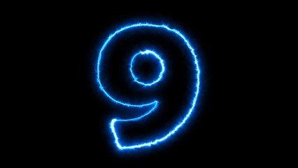 9 number text font with neon light. Luminous and shimmering haze inside the letters of the text 
nine number. 9 number neon sign.