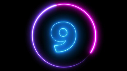 9 number text font with neon light. Luminous and shimmering haze inside the letters of the text 
nine number. 9 number neon sign.