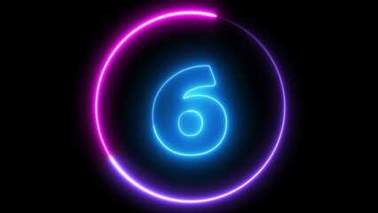 6 number text font with neon light. Luminous and shimmering haze inside the letters of the text 
six. 6 number neon sign.