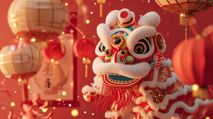 Chinese New Year Spring Festival outdoor hanging lanterns under the snow lion dance background illustration
