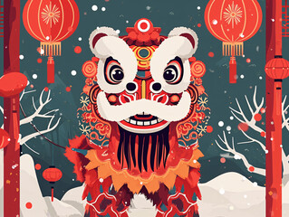 Chinese New Year Spring Festival outdoor hanging lanterns under the snow lion dance background illustration
