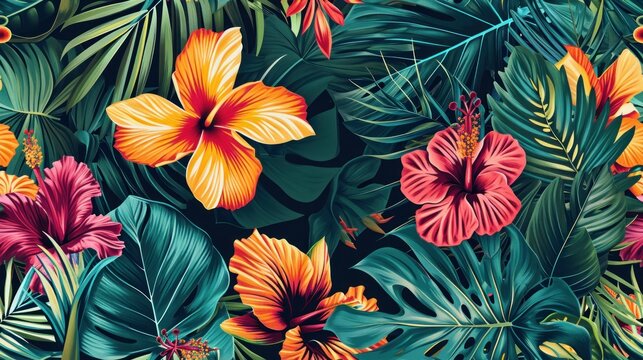  a bunch of tropical flowers and leaves on a black background with a red, orange, yellow, and green color scheme. © Anna