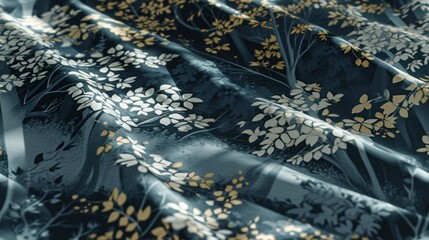  a close up view of a black and gold fabric with leaves and flowers on it, with a black background.