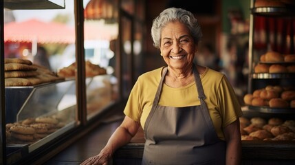 Mexican senior female standing in front of bakery