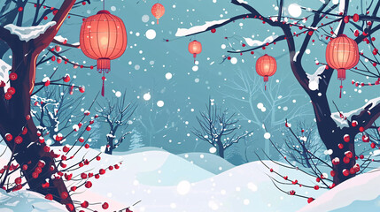 Fototapeta na wymiar Chinese New Year Spring Festival Lantern Festival outdoor branches hanging lanterns under the background of snow illustration 