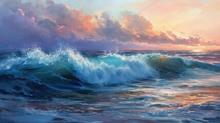 a painting of a sunset over a large body of water with a wave coming towards the shore and clouds in the sky. - obrazy, fototapety, plakaty