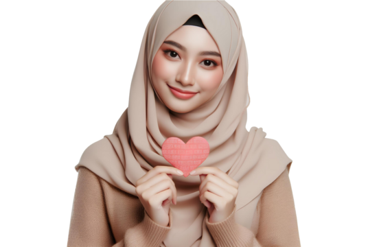 asian female in hijab hold a love transparent background PNG 