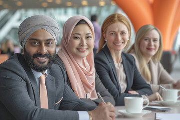 Obraz premium A diverse group of people from different ethnicities are taking a coffee break after an important marketing meeting, diversity and inclusion in the workplace