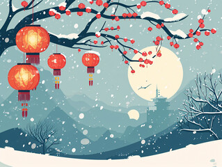 Chinese New Year Spring Festival Lantern Festival outdoor branches hanging lanterns under the background of snow illustration
