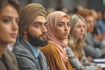 Fototapeta premium A diverse group of people from different ethnicities attentively listening to the speaker at a conference in a multicultural work environment.