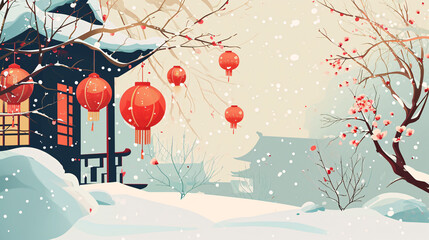 Chinese New Year Spring Festival Lantern Festival outdoor branches hanging lanterns under the background of snow illustration
