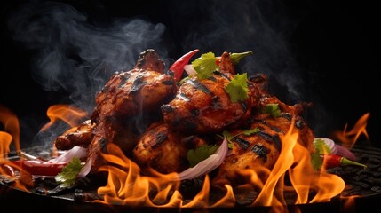 flaming hot charcoal grilled chicken - obrazy, fototapety, plakaty