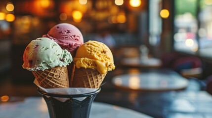  three scoops of ice cream sit in a cone on a table in front of a blurry background of a restaurant.