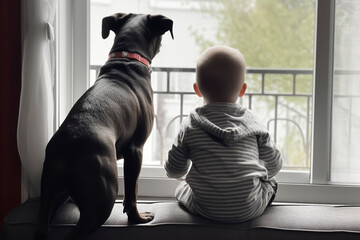 Close-up portrait of a curious toddler and his pitbull dog  looking out the window with intent