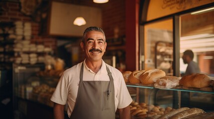 Fototapeta na wymiar Mexican middle age male standing in front of bakery