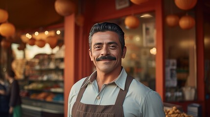 Mexican middle age male standing in front of bakery
