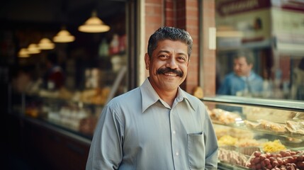 Fototapeta premium Mexican middle age male standing in front of bakery