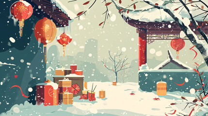 Chinese New Year Spring Festival Lantern Festival outdoor branches hanging lanterns under the background of snow illustration
 - obrazy, fototapety, plakaty