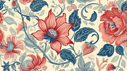  a red, white, and blue floral pattern with leaves and flowers on a white background with blue and red accents.