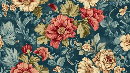 Keuken spatwand met foto  a blue floral wallpaper with red, yellow, and green flowers on a blue background with swirls and leaves. © Anna