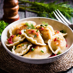 A plate of Polish pierogi dumplings made with ground meat or potatoes in a rustic setting.