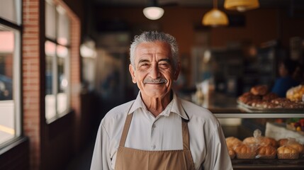 Fototapeta na wymiar Mexican senior male standing in front of bakery