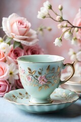 cup of tea and pink rose