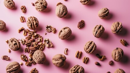 a pink background with walnuts and pecans scattered on top of each other and scattered on the bottom of the image. - obrazy, fototapety, plakaty