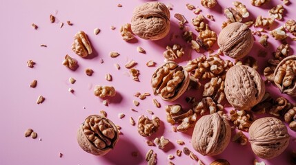 Fototapeta na wymiar a pile of walnuts on a pink surface next to a pile of walnut kernels on a pink surface.