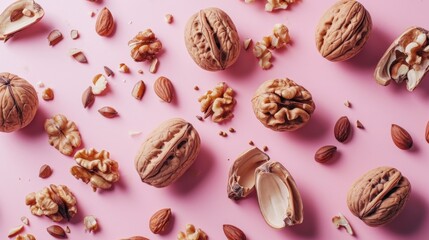  a bunch of nuts on a pink surface with one nut in the middle of the nuts and the rest of the nuts in the middle of the nuts. - obrazy, fototapety, plakaty