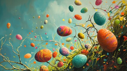  a painting of a bunch of colorful eggs in a tree with a blue sky and clouds in the back ground.