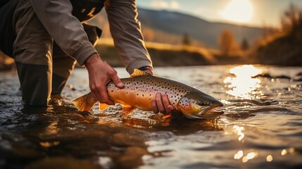 Obraz premium Man holding a brown trout fish in the river