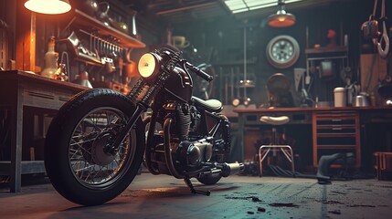 Custom Bobber Motorbike Standing in an Authentic Creative Workshop. Vintage Style Motorcycle Under Warm Lamp Light in a Garage - obrazy, fototapety, plakaty