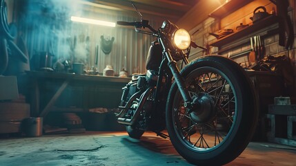 Custom Bobber Motorbike Standing in an Authentic Creative Workshop. Vintage Style Motorcycle Under Warm Lamp Light in a Garage