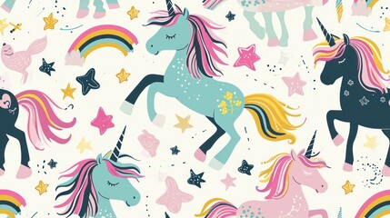  a pattern of unicorns and stars on a white background with pink, blue, yellow, and green colors.