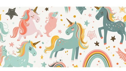  a group of unicorns with stars and rainbows on a white background with stars and stars in the sky.