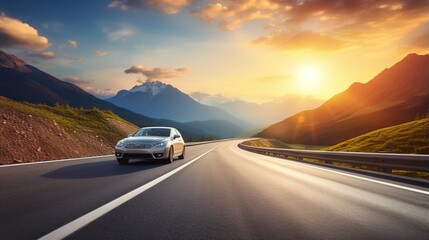 Car driving through a mountain pass at sunset - obrazy, fototapety, plakaty
