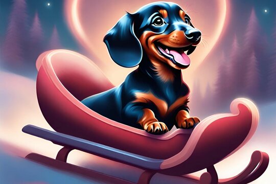 This is a colorful and whimsical illustration of a happy cartoon dachshund sitting in a red sled against a snowy forest backdrop illuminated by the soft glow of twilight, on Valentine's Day.