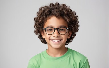 Retrato de niño latino de cabello rizado, sonriente, usando anteojos y playera verde sobre fondo...