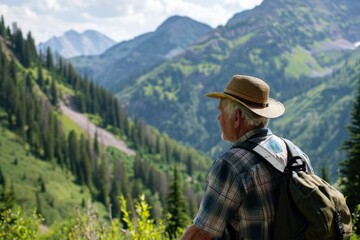 Fototapeta na wymiar Elderly man on a scenic hike in the mountains