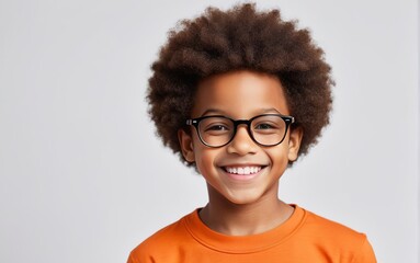 Niño afroamericano sonriente y simpático, usando gafas y playera naranja sobre fondo blanco  - obrazy, fototapety, plakaty
