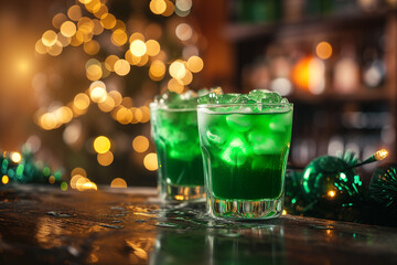 swirling green cocktails in elegant glasses, St. Patrick's Day celebration in a bustling bar