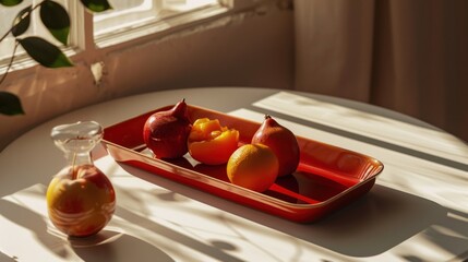 a tray of fruit sitting on top of a table next to a vase filled with oranges and pomegranates.