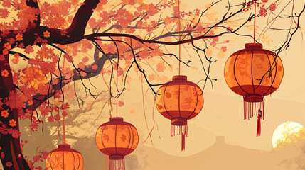 Chinese New Year Spring Festival Lantern Festival outdoor branches hanging lanterns under the background illustration
