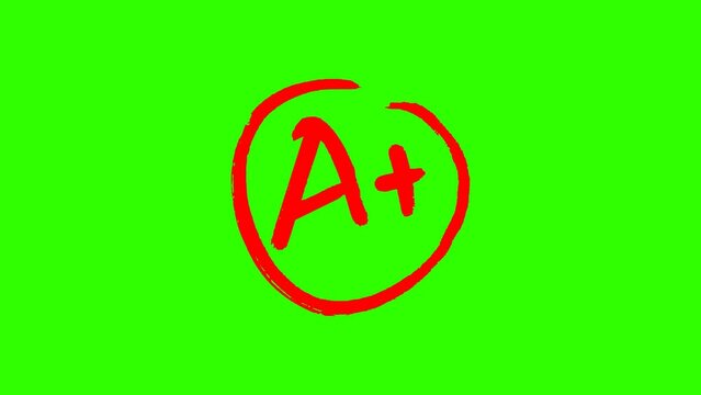 handwriting grade A+ (plus) and circle on test score and grading. Concept of measurement and evaluation. green screen background. 4k