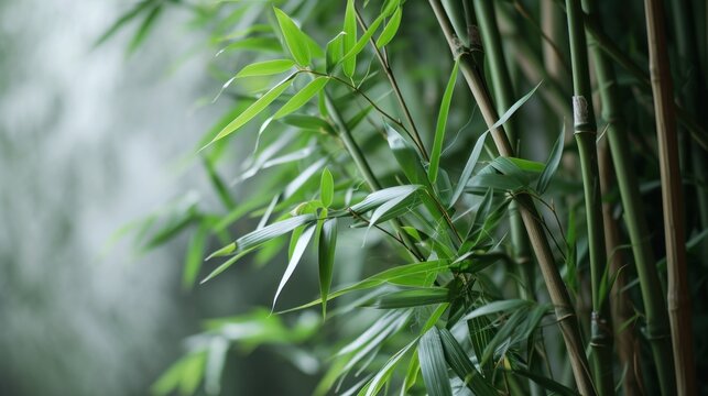  a close up of a bamboo plant with lots of green leaves in front of a blurry background of water.
