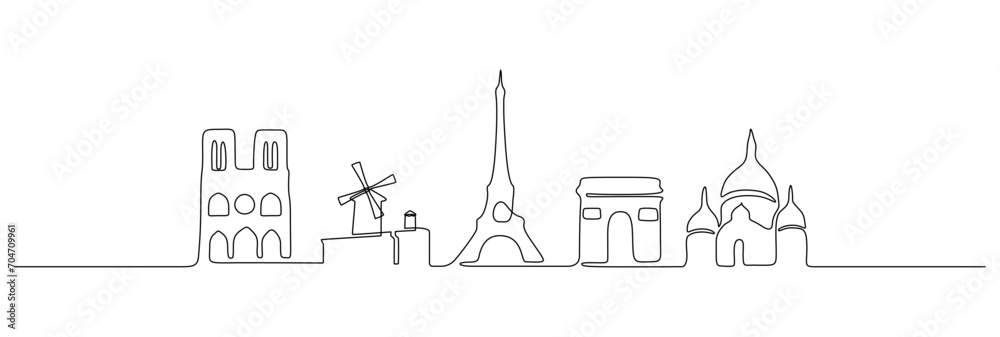 Aufkleber Continuous one line drawing of Paris skyline. French landmarks buildings and city architecture with Eiffel Tower in simple linear style. Editable stroke. Doodle vector illustration