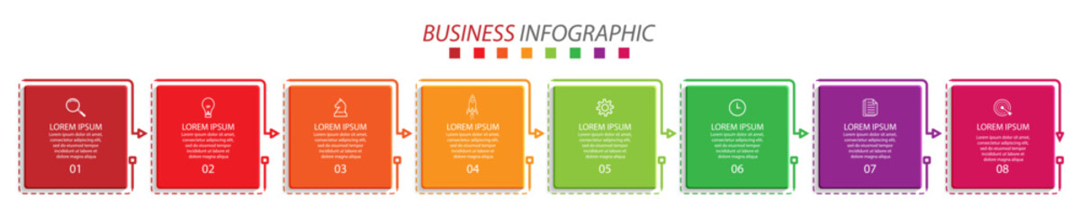 business infographic design 8 parts or steps, there are icons, text and numbers, colorful square design with interconnected color lines, for diagrams, banners and your business workflow
