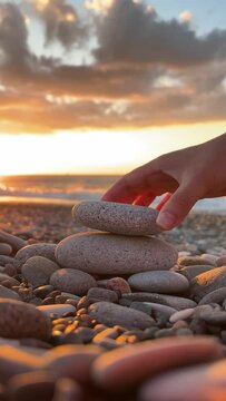 4K vertical video. Woman builds pyramid of light stones on pebble beach against backdrop of setting sun, sea waves, coast, sunset. Woman experiences. Ocean shore zen. Concept of calm, yoga, travel